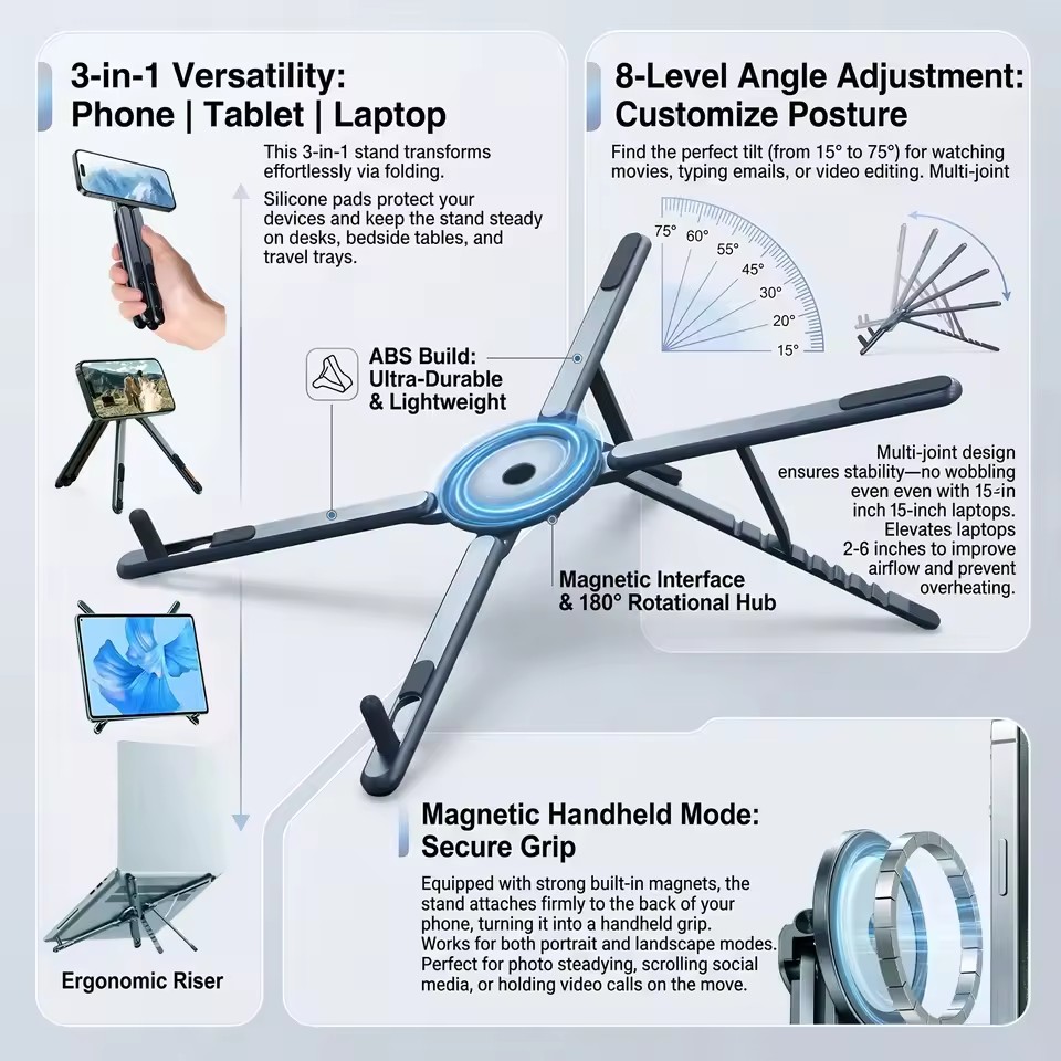 Tablet Ipad Accessories - ที่วางโทรศัพท์แม่เหล็กแบบพกพาและไม้เซลฟี่ 3-in-1 ขาตั้งกล้องแบบพับได้สำหรับ iPhone iPad แท็บเล็ต