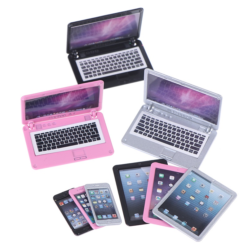 Tablet Accessories Set - 3 ชิ้น/เซ็ตจําลองมินิคอมพิวเตอร์แล็ปท็อปแท็บเล็ตโทรศัพท์มือถือ Dollhouse Miniature 1:12 โลหะผสมหัตถกรรม
