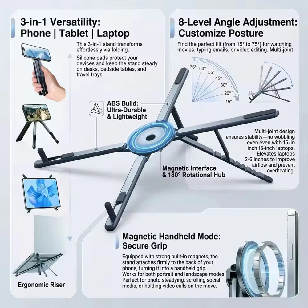 Tablet Ipad Accessories - ที่วางโทรศัพท์แม่เหล็กแบบพกพาและไม้เซลฟี่ 3-in-1 ขาตั้งกล้องพับได้สำหรับใช้งานกับ iPhone, iPad, แท็บเล็ต,